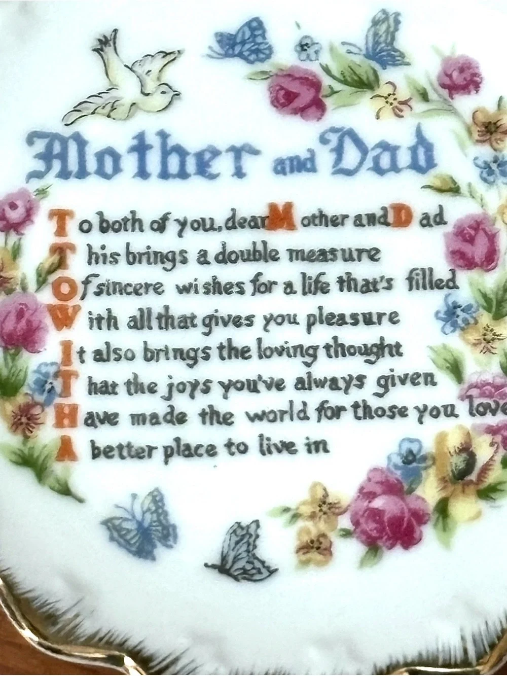 MID CENTURY VINTAGE MOTHER & DAD PLATE PORCELAIN GOLD RIM KEEPSAKE RETRO KITSCH